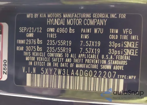 2013 Hyundai Santa Fe Sport 2.0T from USA, damaged, VIN 5XYZW3LA4DG022207